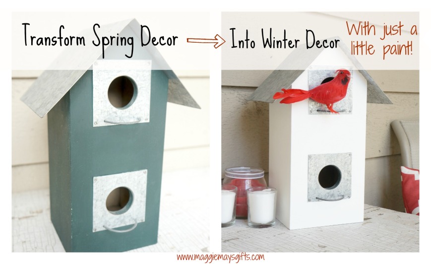 transform spring decor into winter with paint-birdhouse